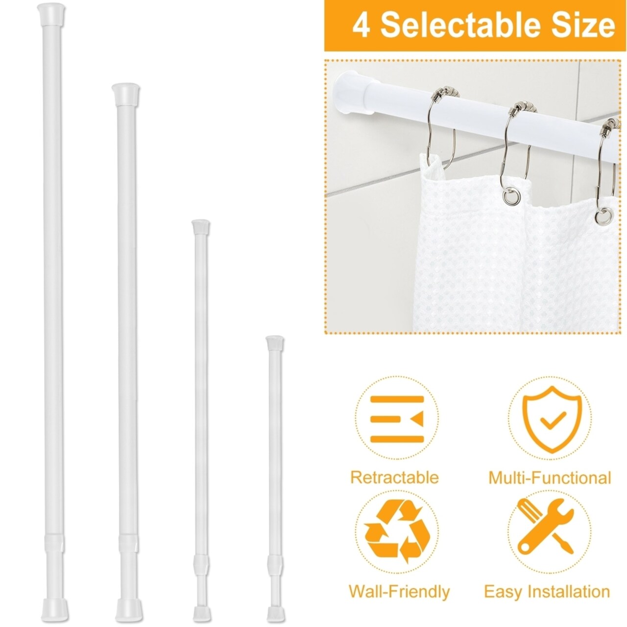 Heavy Duty Tension Curtain Rod Adjustable Steel White 30-105Cm For Bathroom